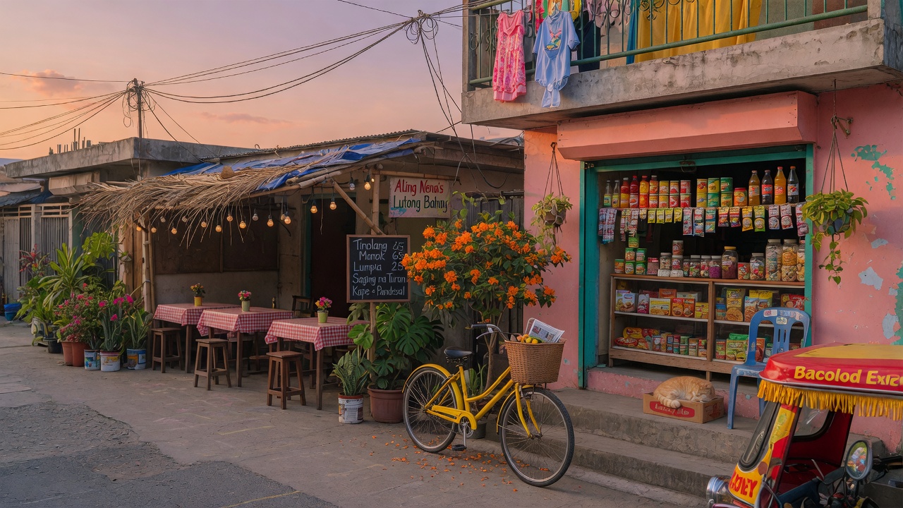 A Philippine neighborhood street with a small eatery and sari-sari store at sunset