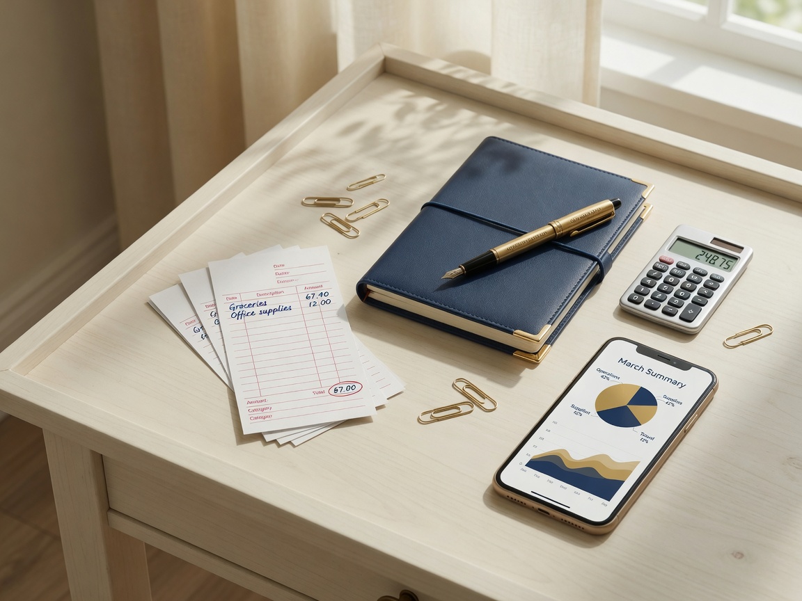 Organized receipts, notebook, calculator, and phone showing a monthly summary