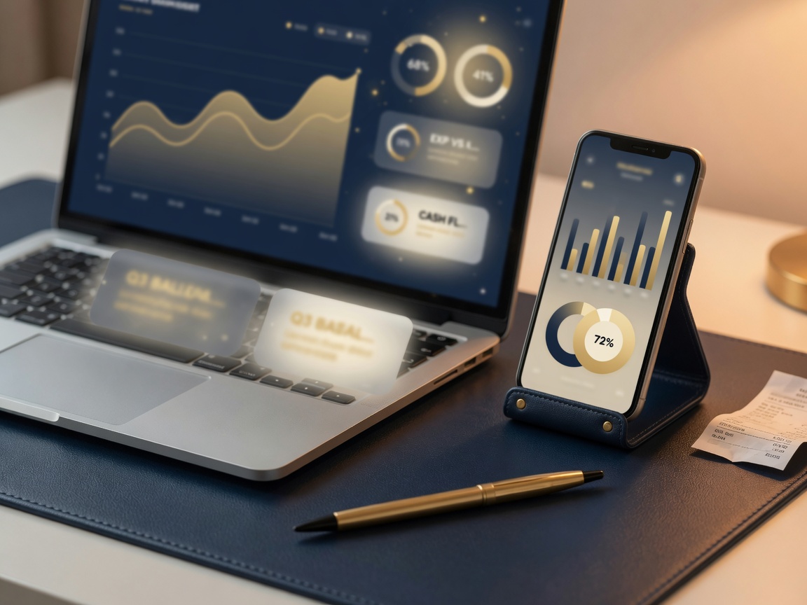 Laptop and phone showing abstract navy-and-gold bookkeeping dashboards